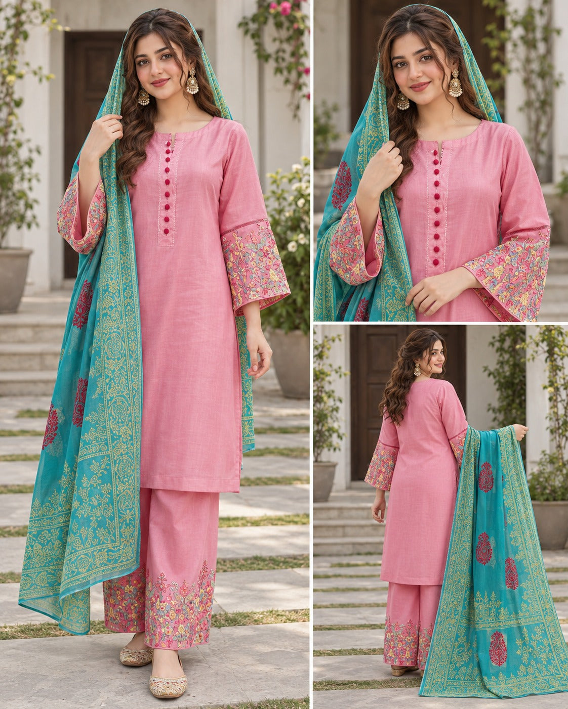 Pink Turquoise Printed Suit