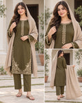 Olive Embroidered Suit with beige dupatta