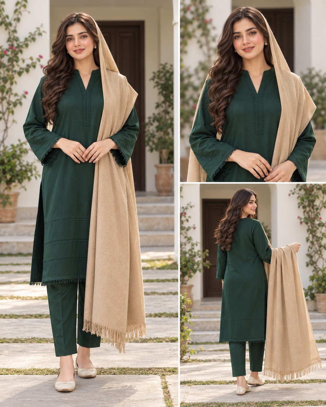 Bottle Green Plain Suit with neutral dupatta