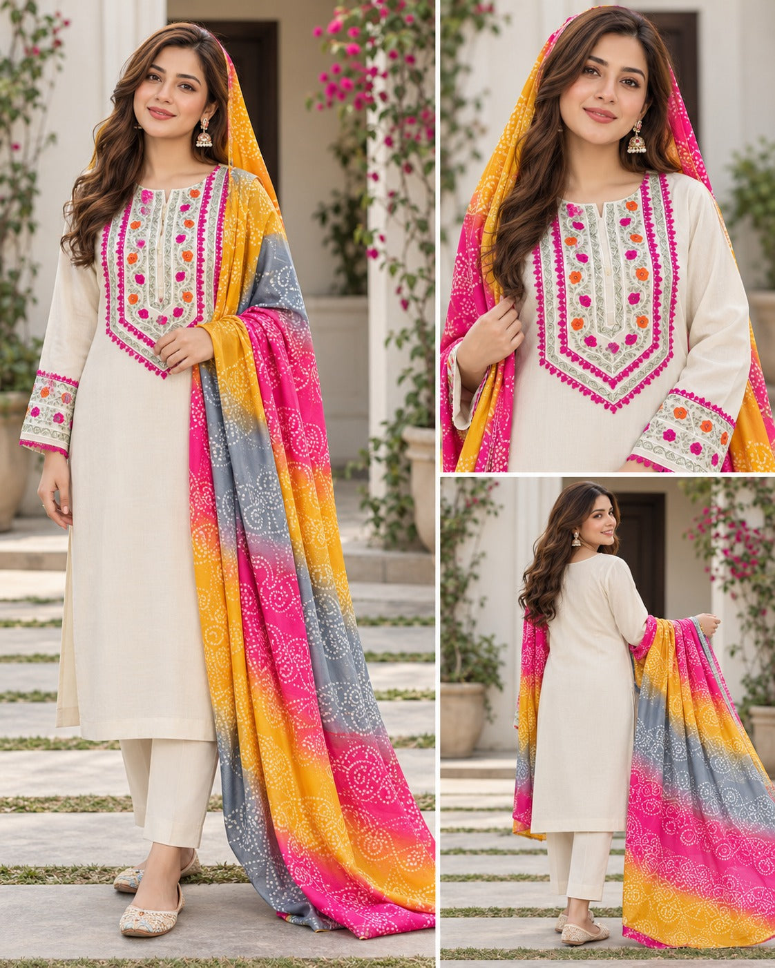 White Printed Suit with multicolor dupatta