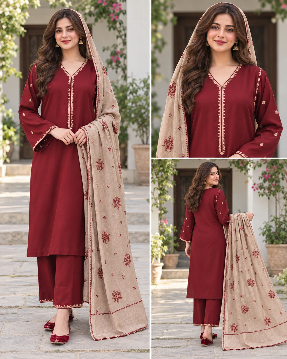 Maroon Printed Suit with neutral dupatta