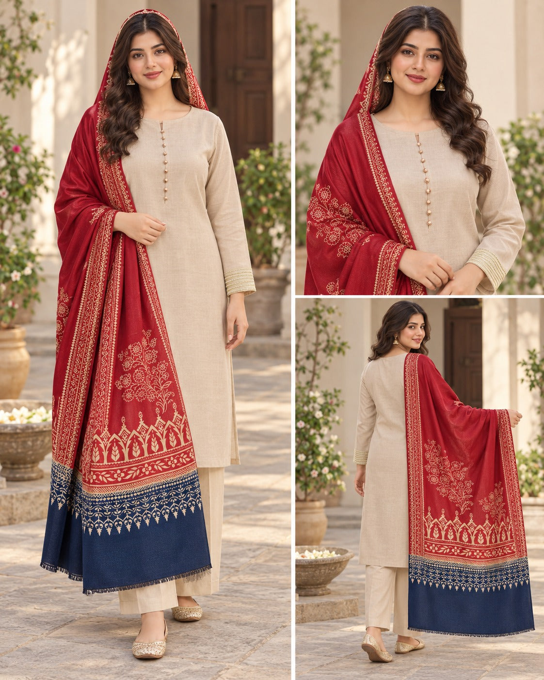 Beige and Maroon Embroidered Suit