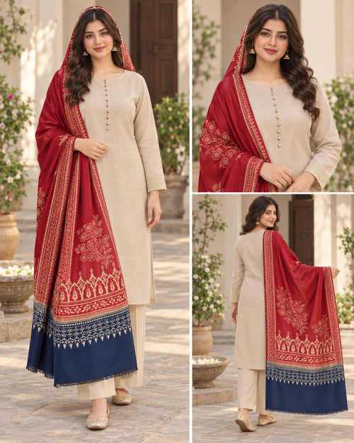 Beige and Maroon Embroidered Suit