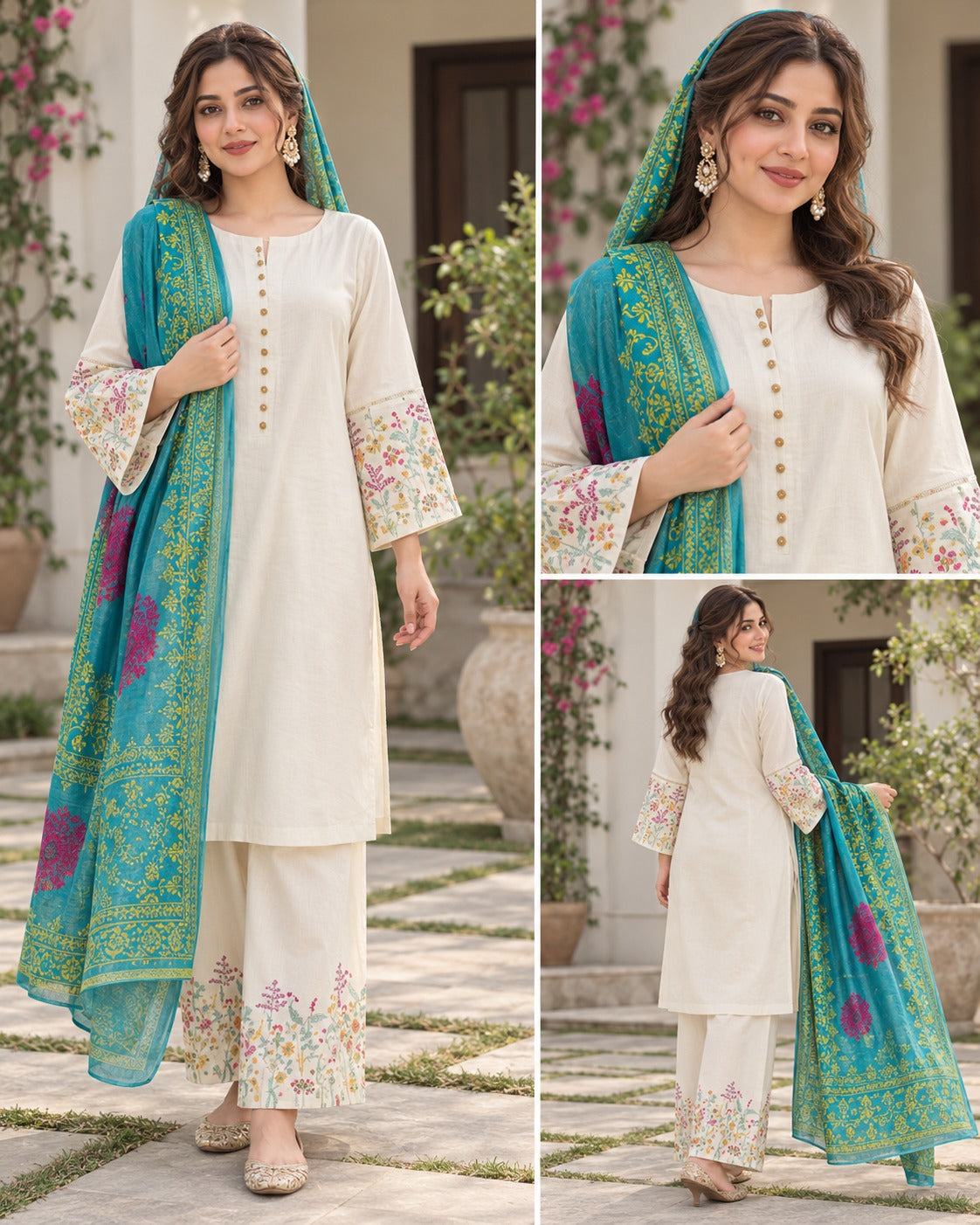White and Turquoise Embroidered Suit