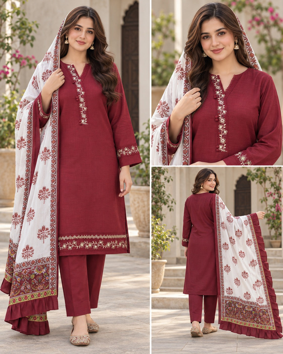 Maroon and White Printed Suit