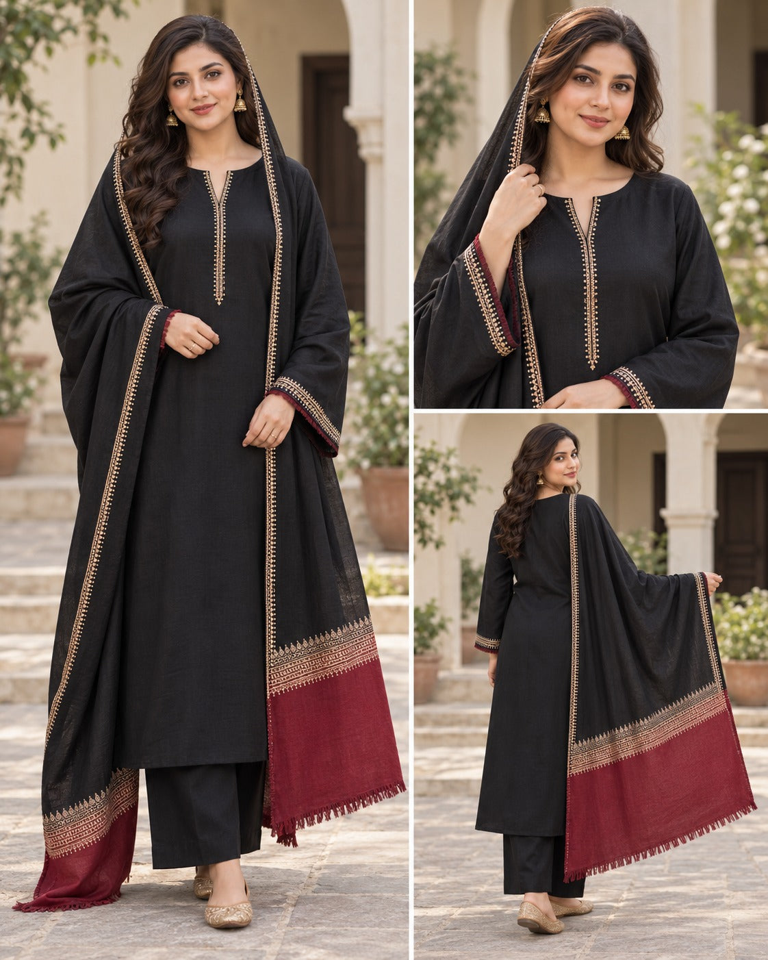 Black Embroidered Suit with maroon contrast dupatta