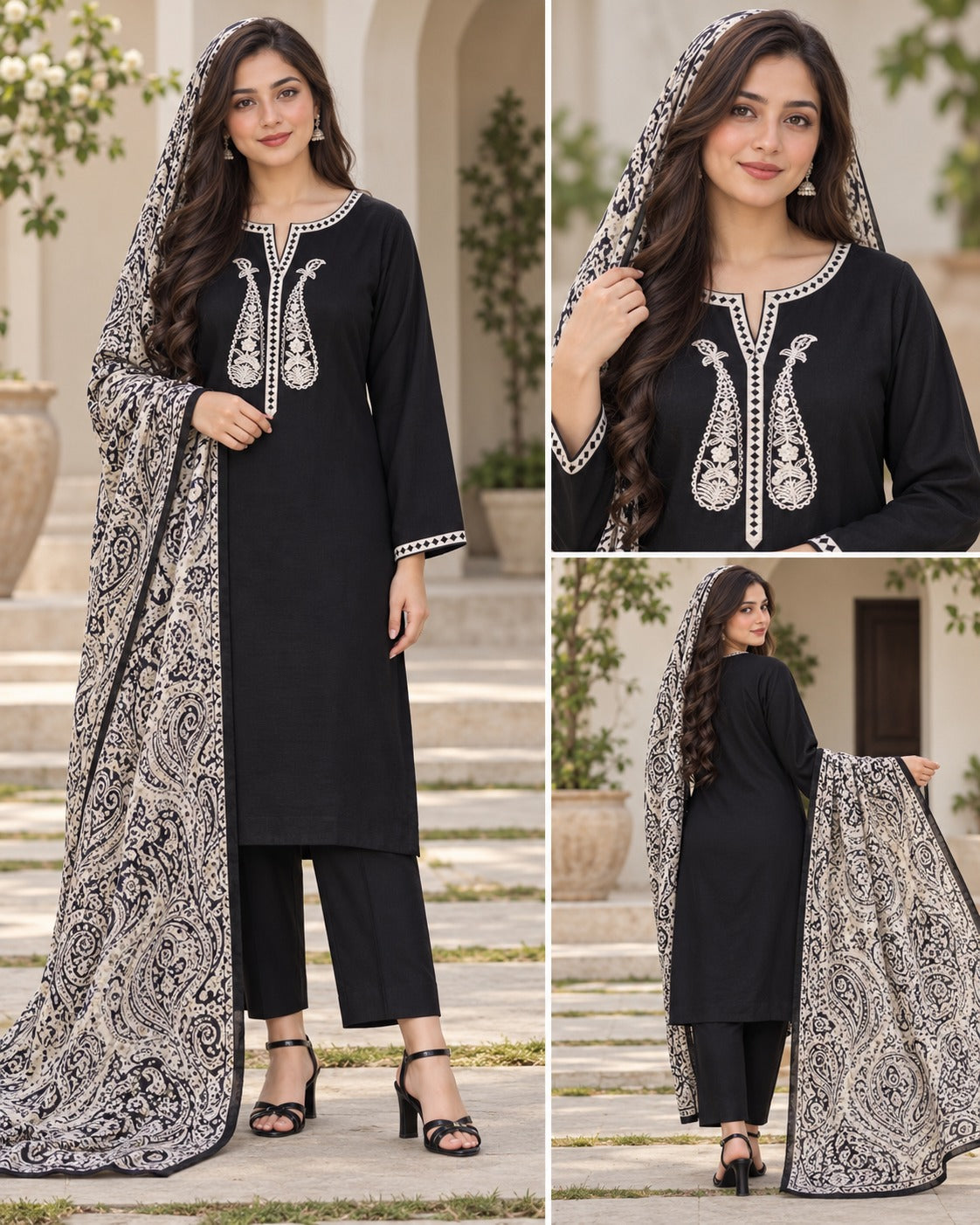Black Printed Suit with monochrome dupatta