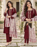 Maroon Embroidered Suit with patterned dupatta