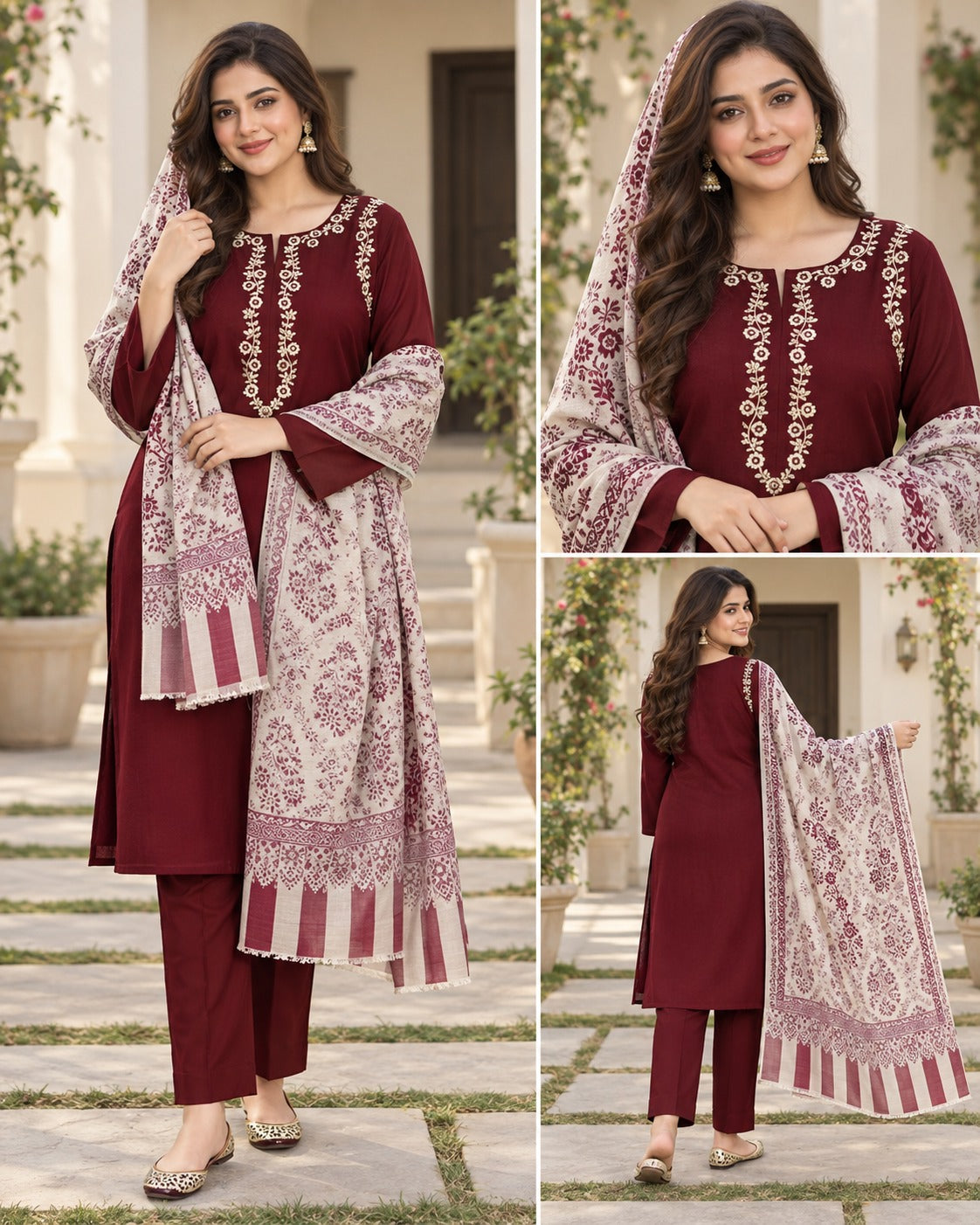Maroon Embroidered Suit with patterned dupatta