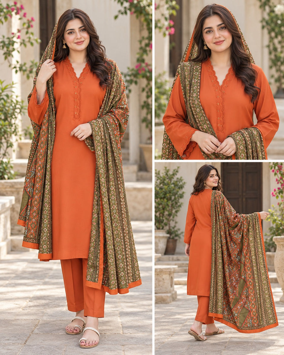 Orange Printed Suit with olive dupatta