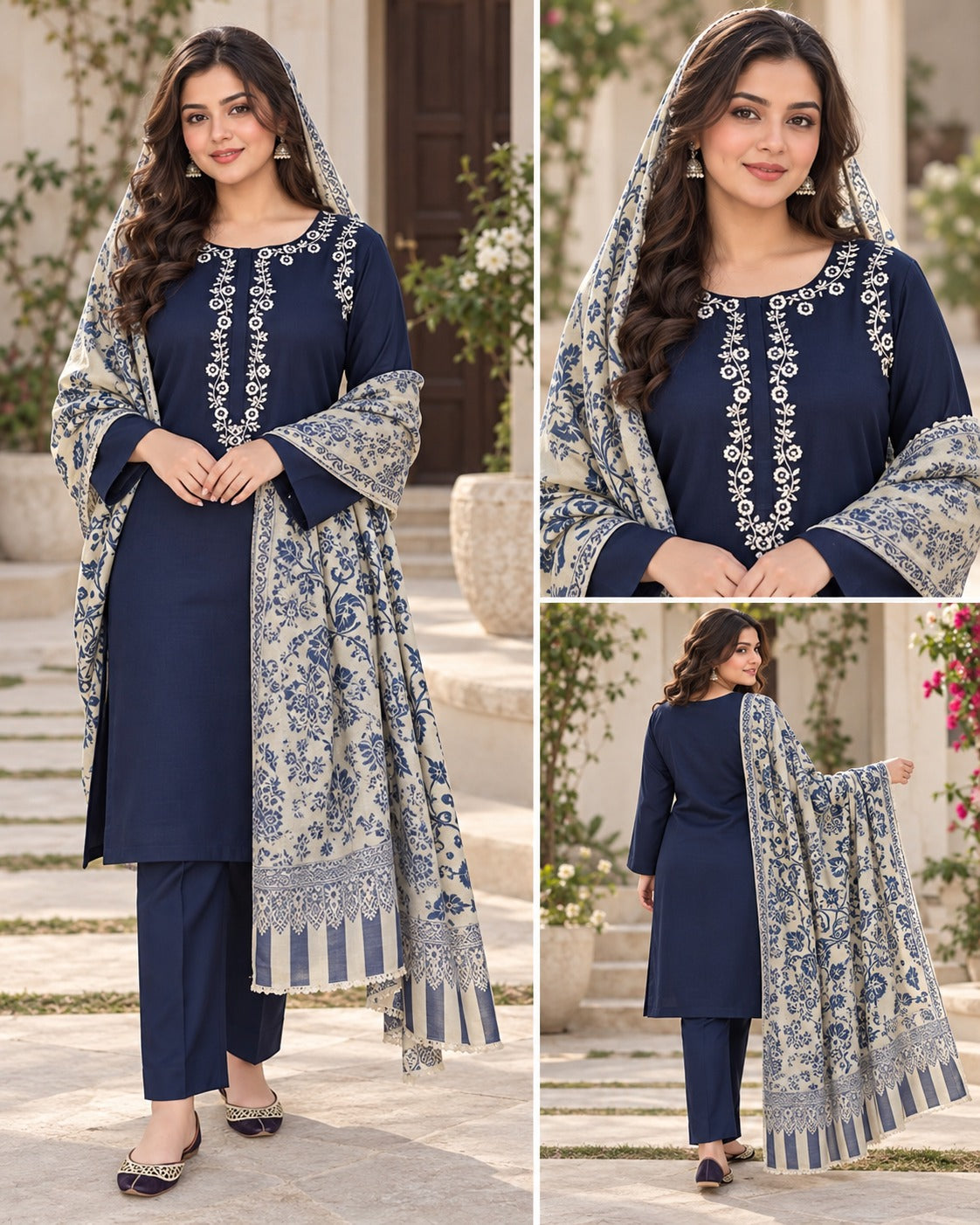 Navy Blue Printed Suit with contrast dupatta