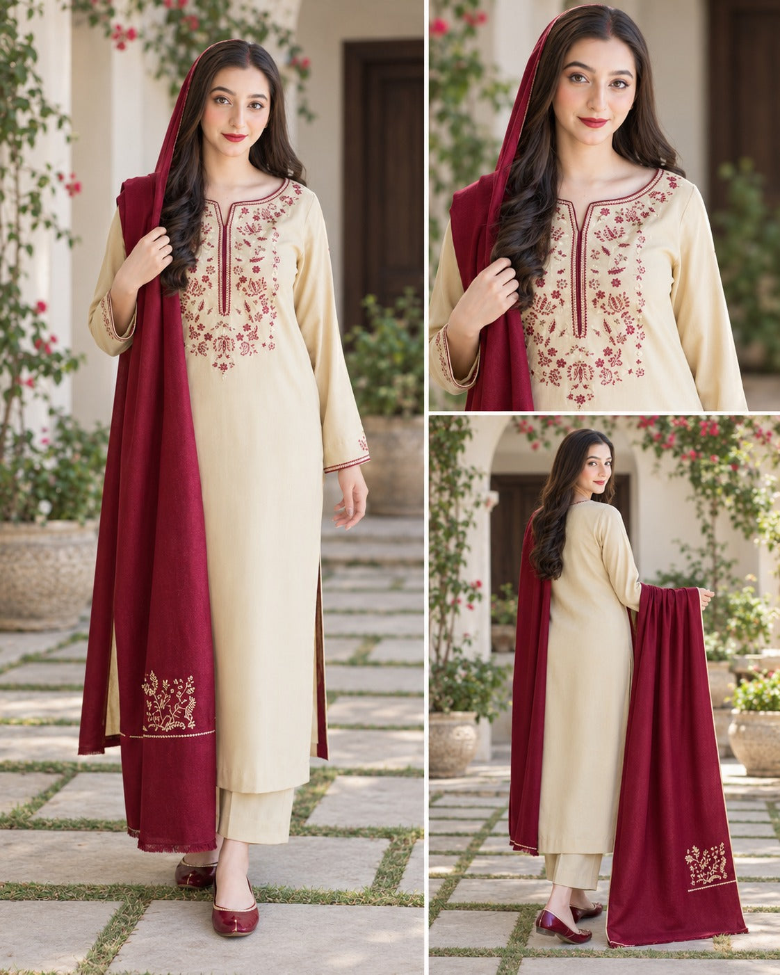 Cream Maroon Embroidered Suit