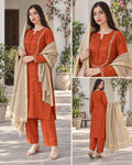 Rust Orange Embroidered Suit with neutral dupatta