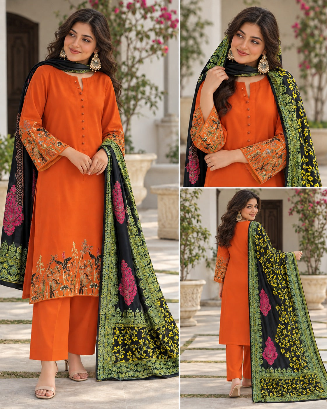 Orange Printed Suit with multicolor dupatta