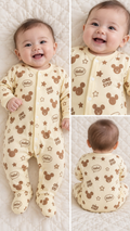 One Step Bear Print Baby Footed Romper – Cream