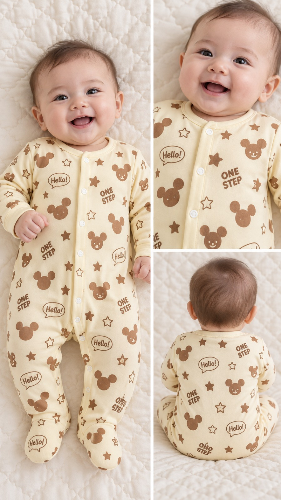 Newborn Footed Romper Trio – Cream, Peach & Sky Blue