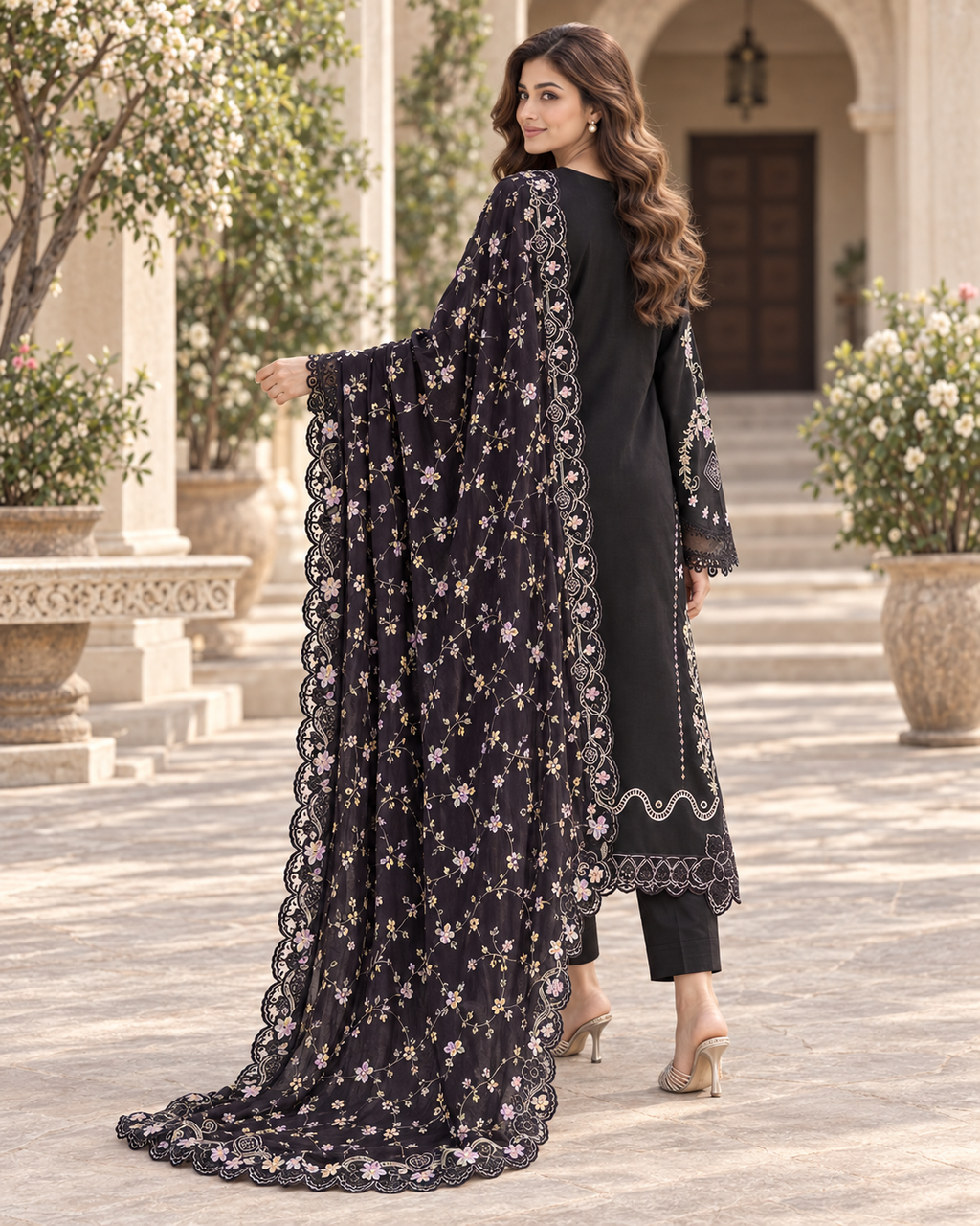 Midnight Black Embroidered Dhanak 3-Piece Winter Suit
