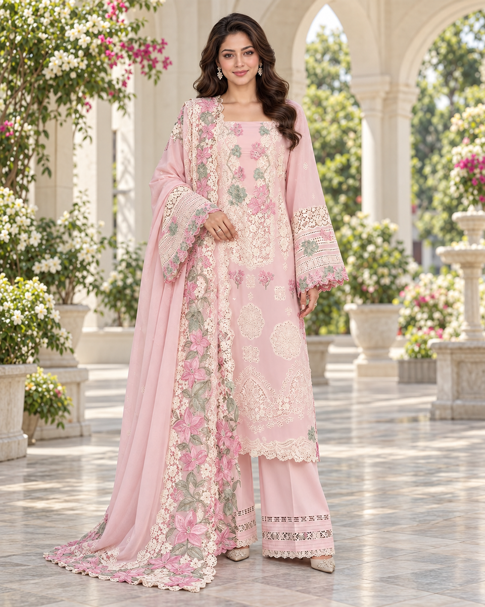 Blush Pink Floral Lace Dhanak 3-Piece Winter Suit