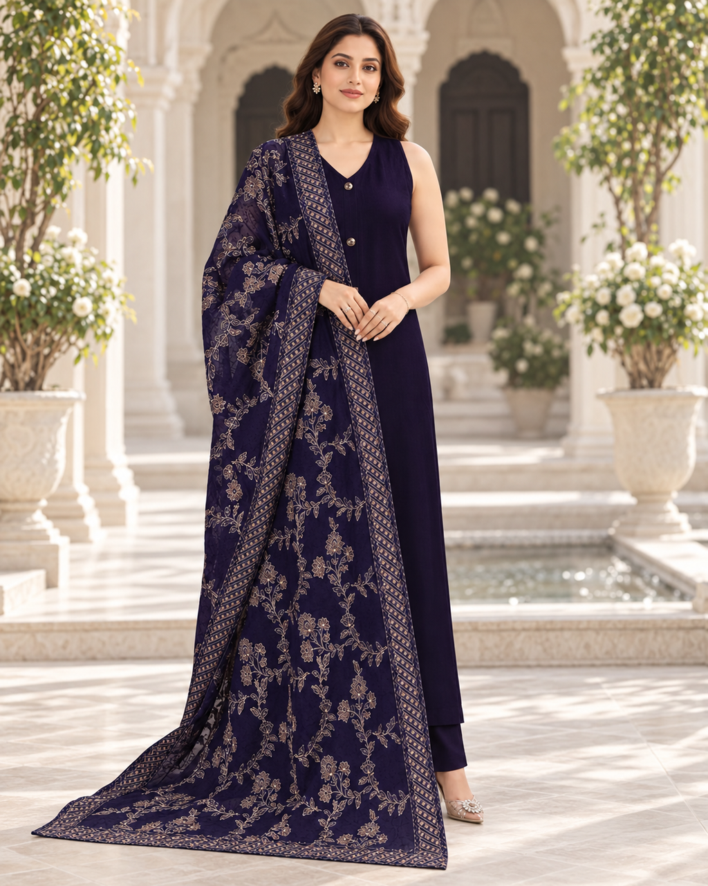 Deep Navy Embroidered Dhanak 3-Piece Winter Suit