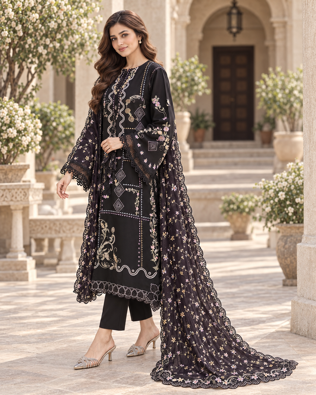 Midnight Black Embroidered Dhanak 3-Piece Winter Suit