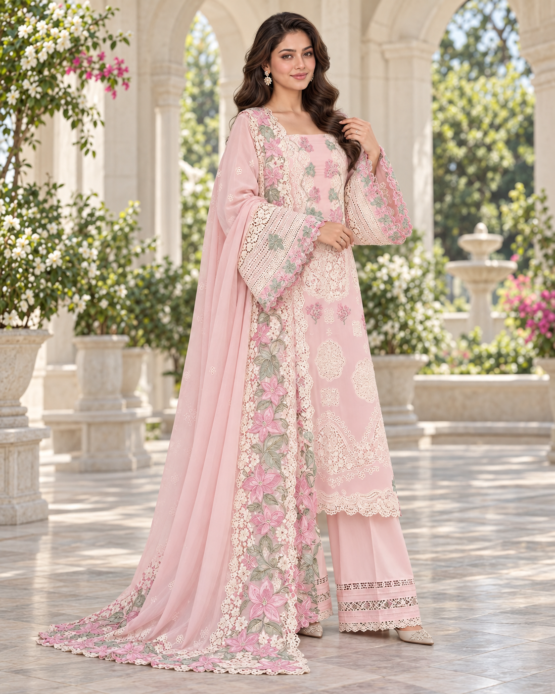 Blush Pink Floral Lace Dhanak 3-Piece Winter Suit