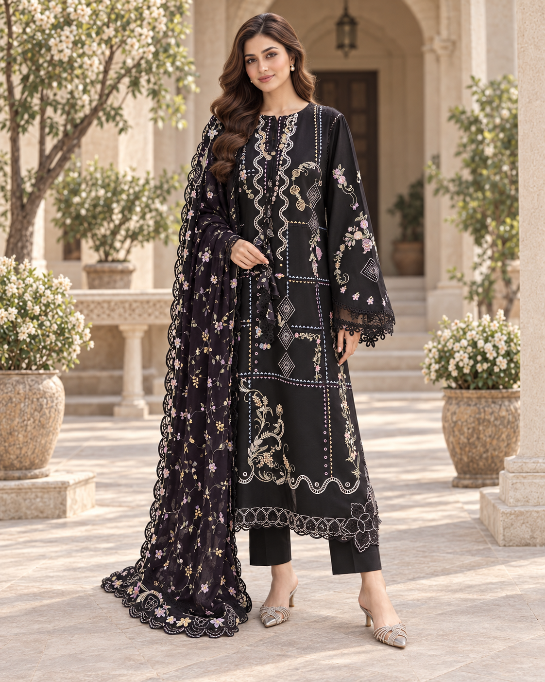 Midnight Black Embroidered Dhanak 3-Piece Winter Suit