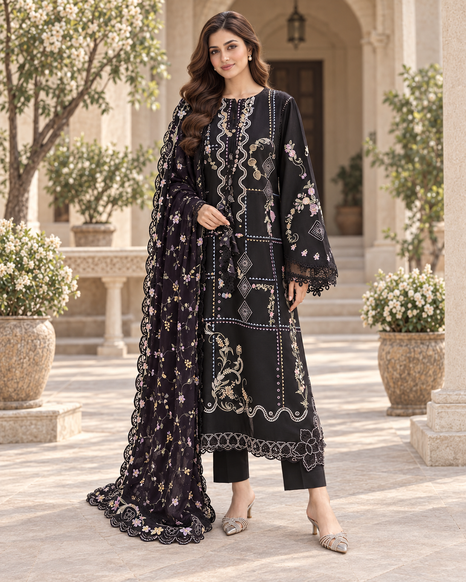 Midnight Black Embroidered Dhanak 3-Piece Winter Suit
