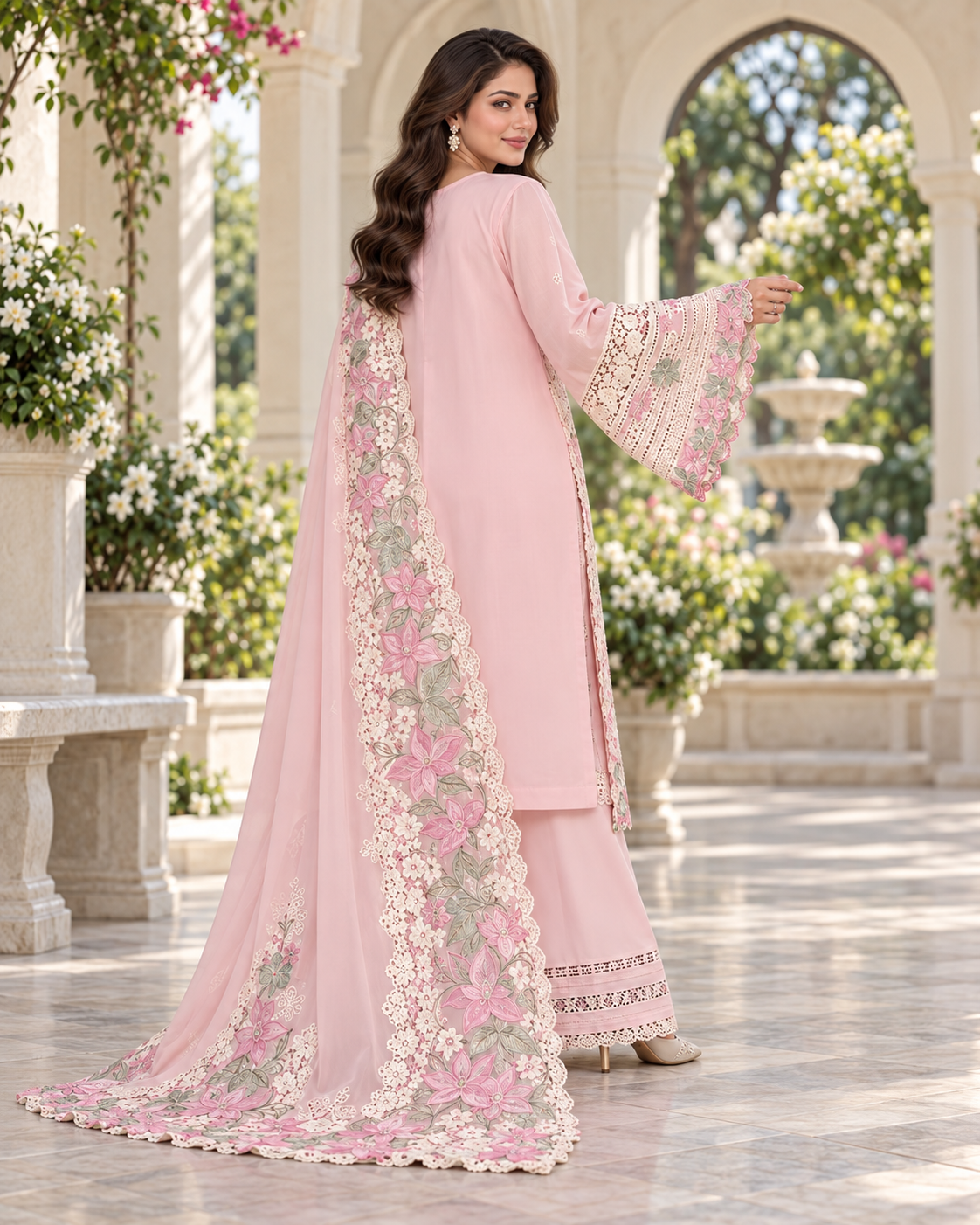 Blush Pink Floral Lace Dhanak 3-Piece Winter Suit