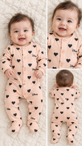 Peach Heart Print Baby Footed Romper