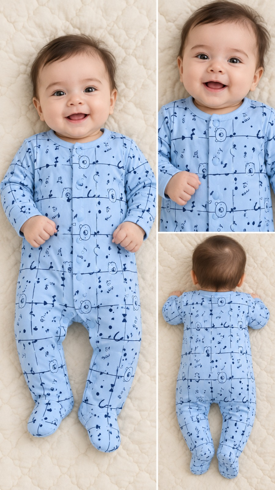 Newborn Footed Romper Trio – Cream, Peach & Sky Blue