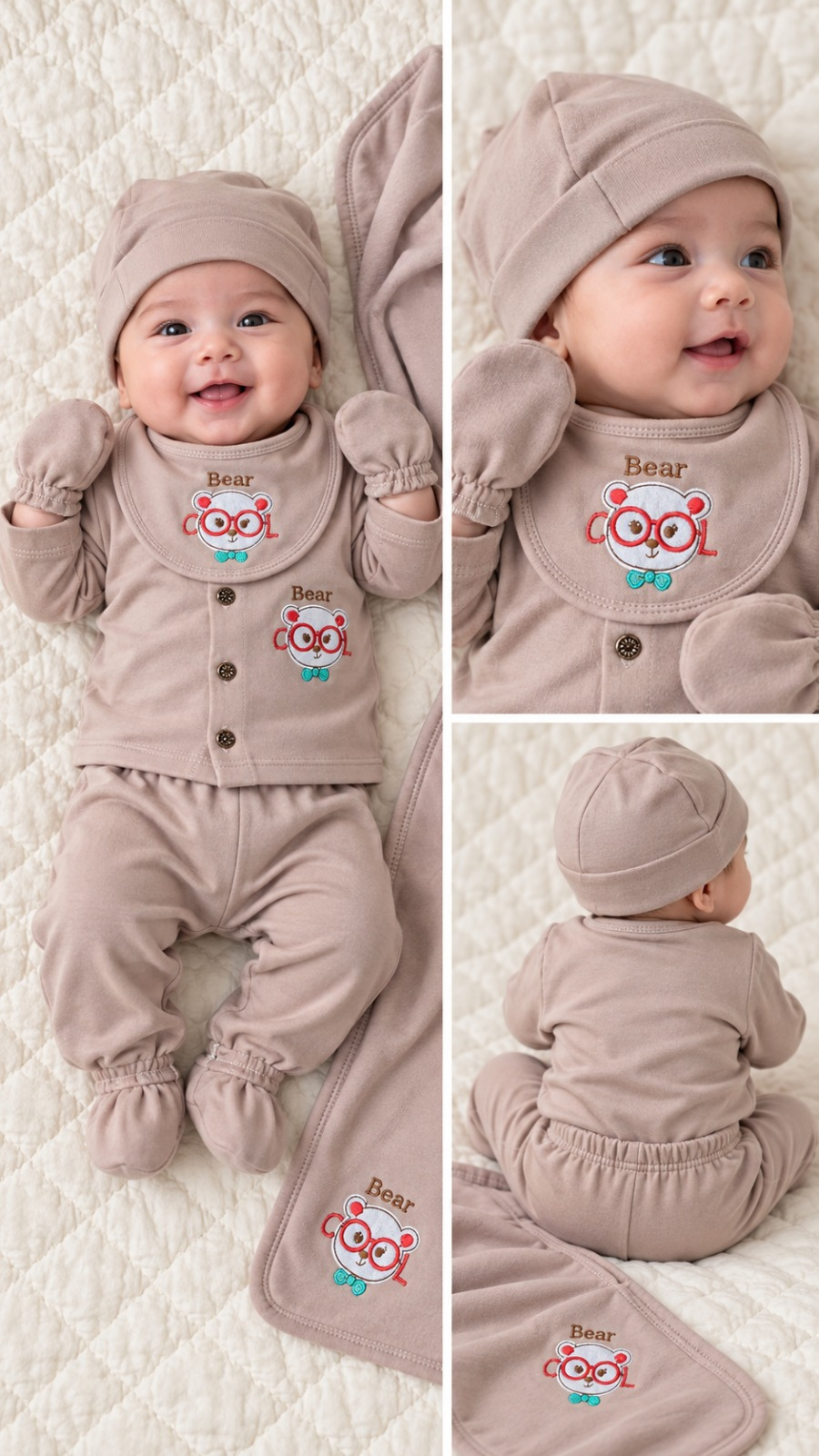 Taupe Bear Cool newborn baby essentials gift set with matching outfit, cap, bib, mittens, booties and blanket
