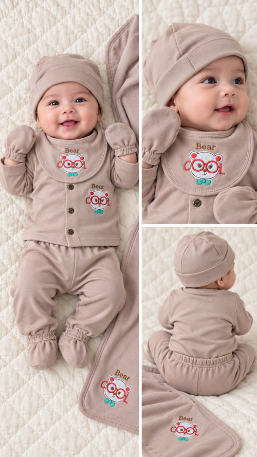 Taupe Bear Cool newborn baby essentials gift set with matching outfit, cap, bib, mittens, booties and blanket