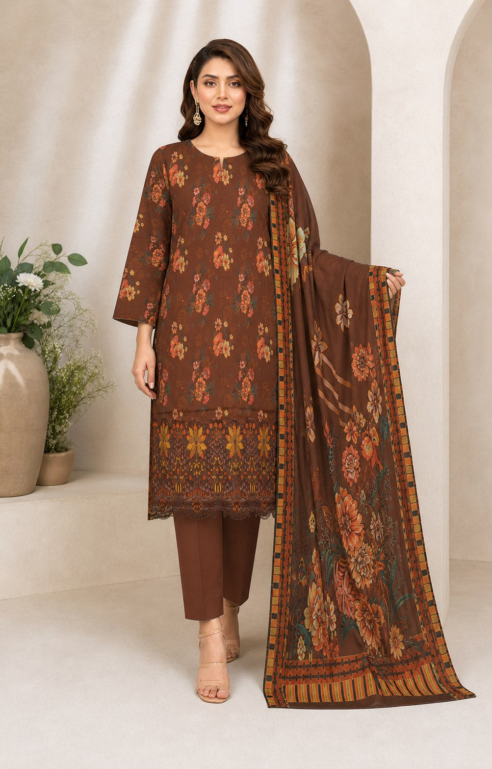 Cocoa Brown Floral Digital Lawn 3-Piece Suit – Vol. 532