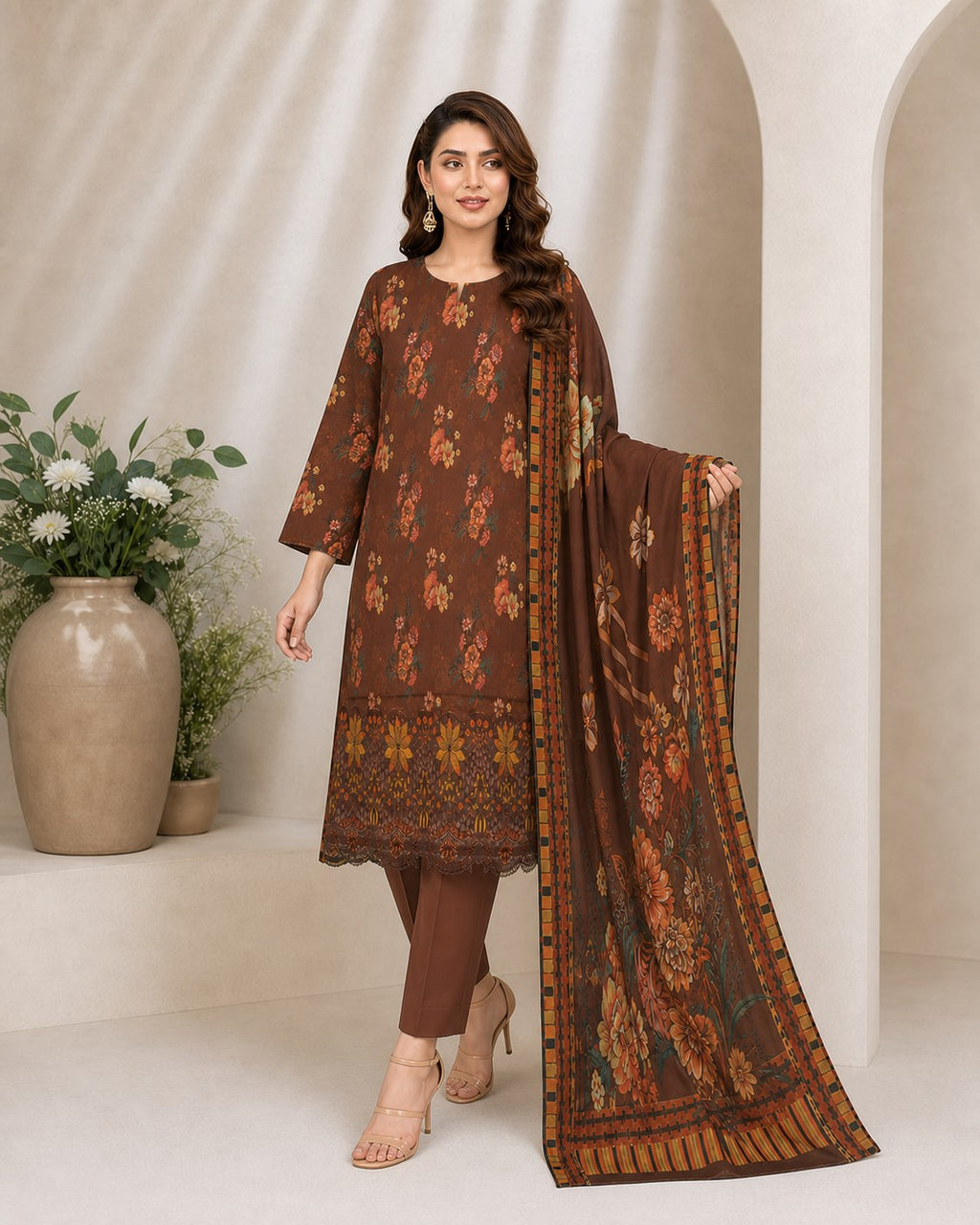 Cocoa Brown Floral Digital Lawn 3-Piece Suit – Vol. 532
