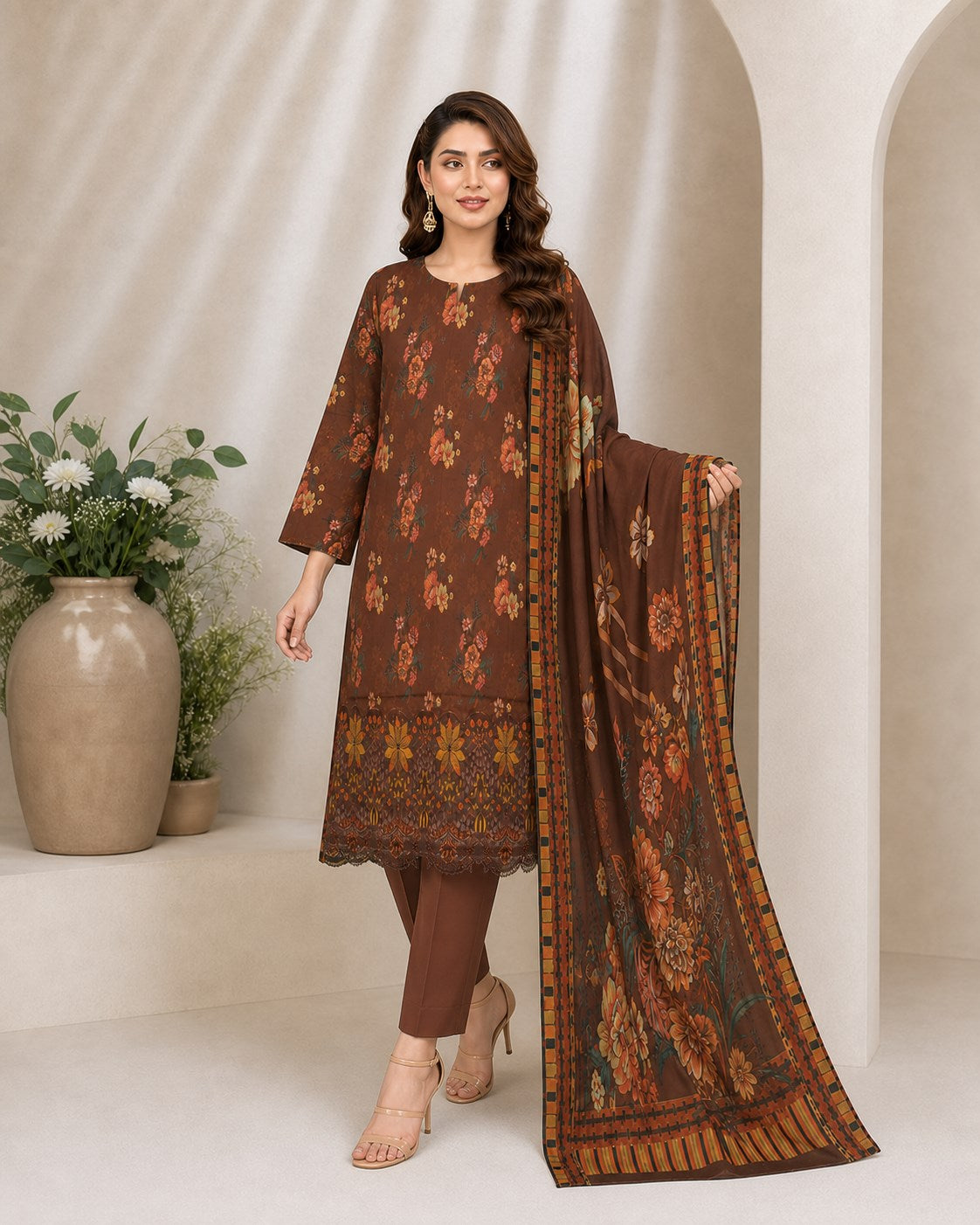 Cocoa Brown Floral Digital Lawn 3-Piece Suit – Vol. 532