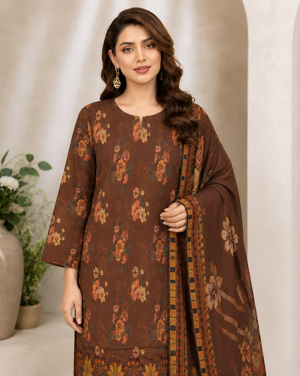 Cocoa Brown Floral Digital Lawn 3-Piece Suit – Vol. 532