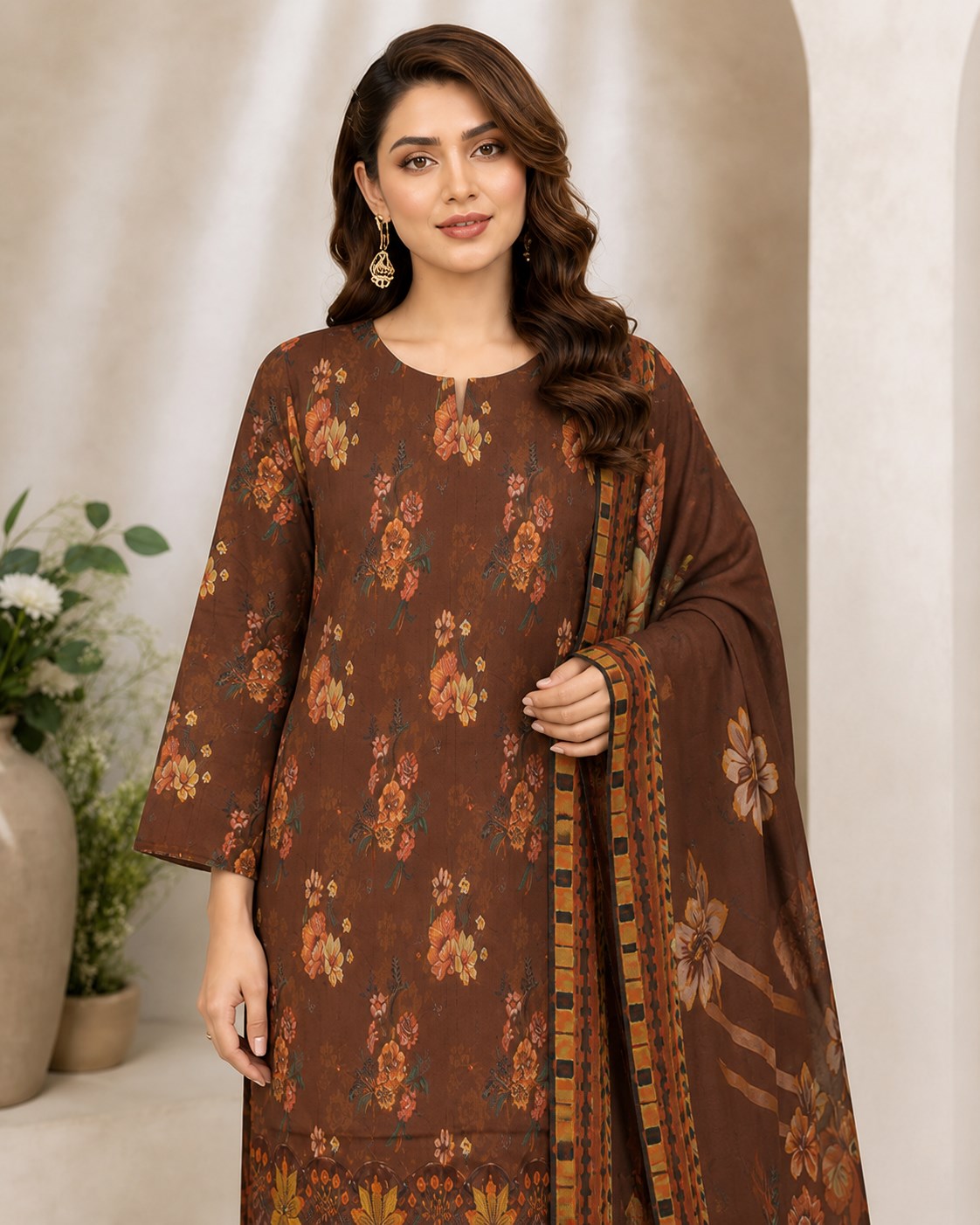 Cocoa Brown Floral Digital Lawn 3-Piece Suit – Vol. 532