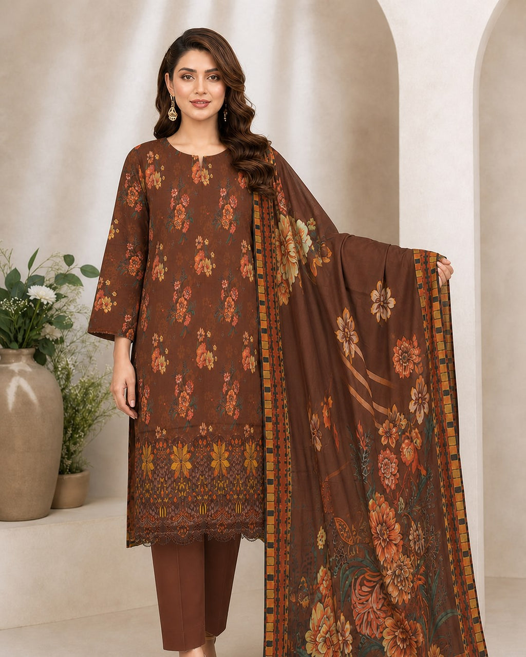 Cocoa Brown Floral Digital Lawn 3-Piece Suit – Vol. 532