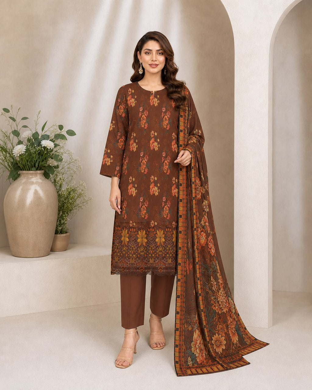 Cocoa Brown Floral Digital Lawn 3-Piece Suit – Vol. 532