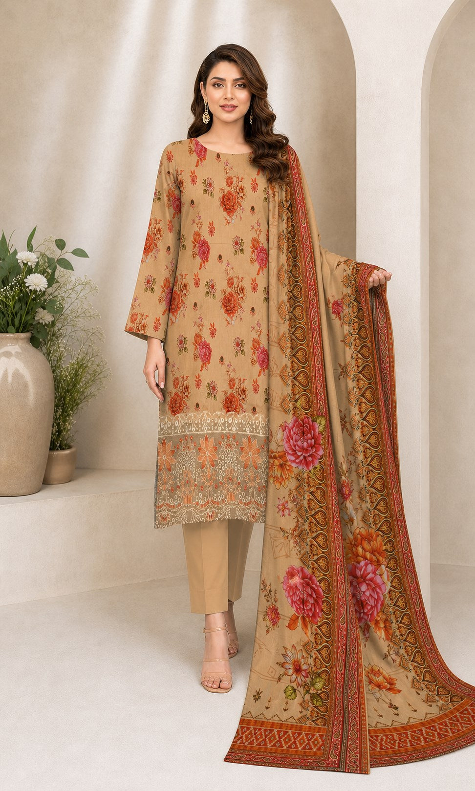 Sand Beige Floral Digital Lawn 3-Piece Suit – Vol. 532