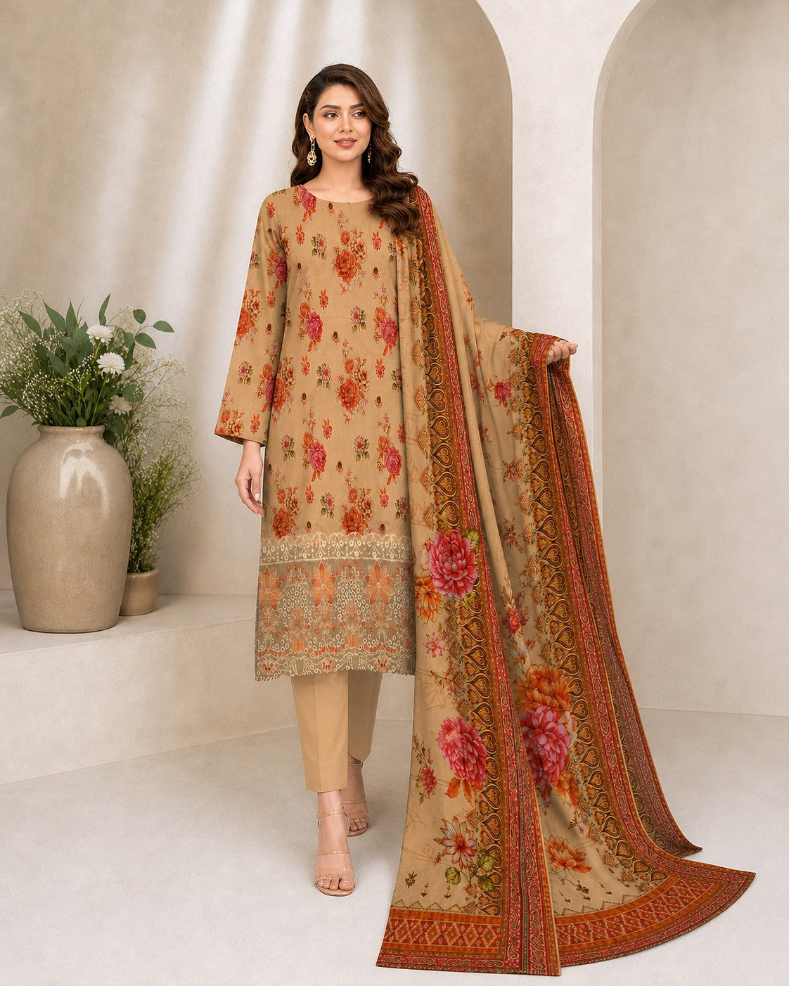 Sand Beige Floral Digital Lawn 3-Piece Suit – Vol. 532