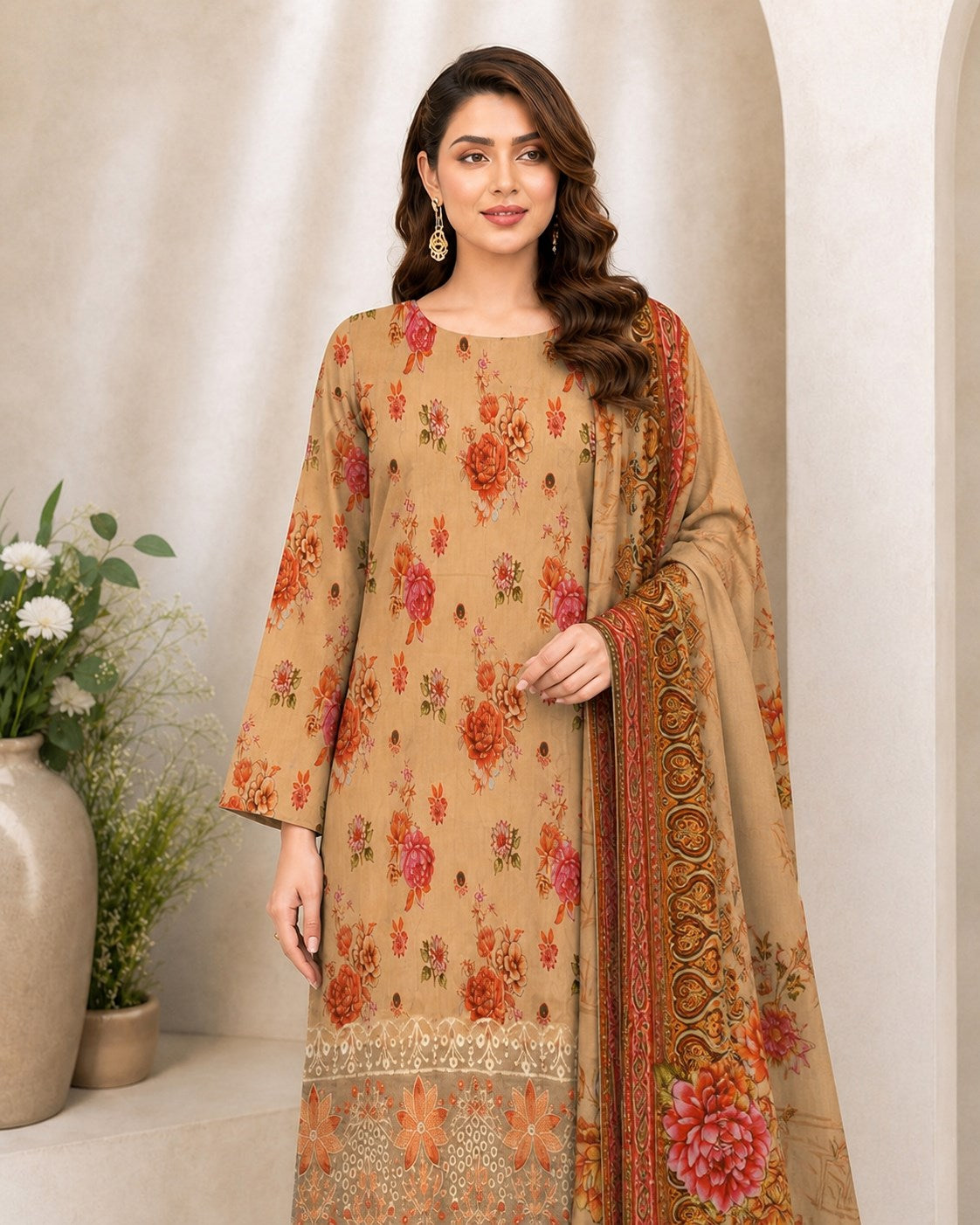 Sand Beige Floral Digital Lawn 3-Piece Suit – Vol. 532