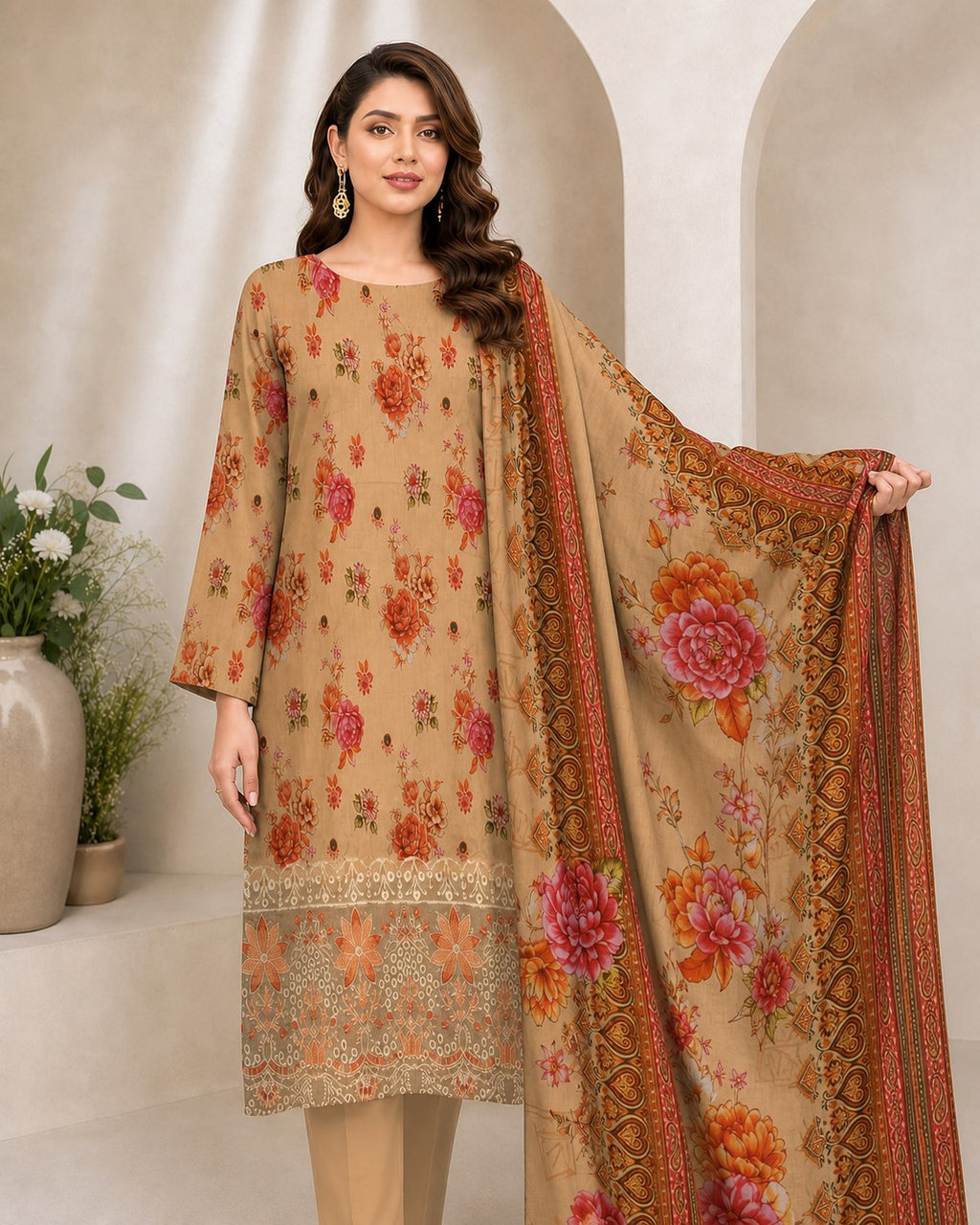 Sand Beige Floral Digital Lawn 3-Piece Suit – Vol. 532