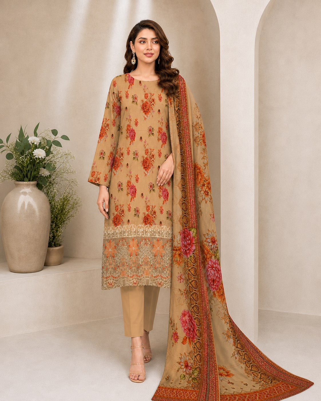 Sand Beige Floral Digital Lawn 3-Piece Suit – Vol. 532