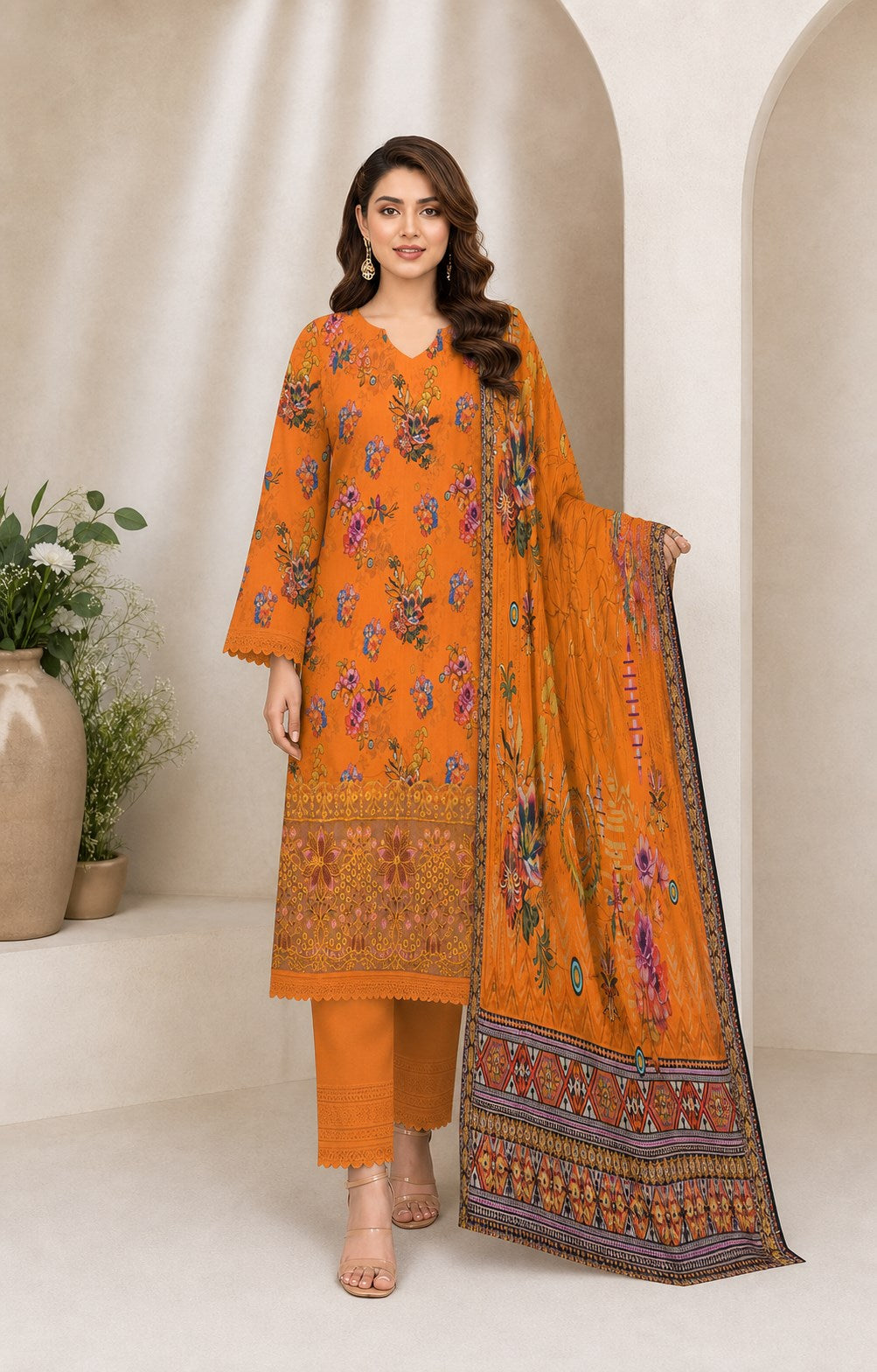 Tangerine Floral Digital Lawn 3-Piece Suit – Vol. 532
