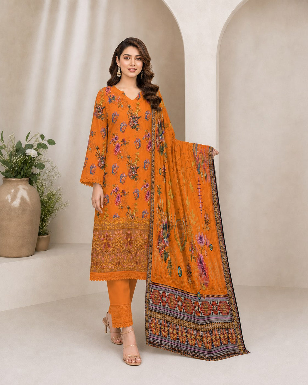 Tangerine Floral Digital Lawn 3-Piece Suit – Vol. 532