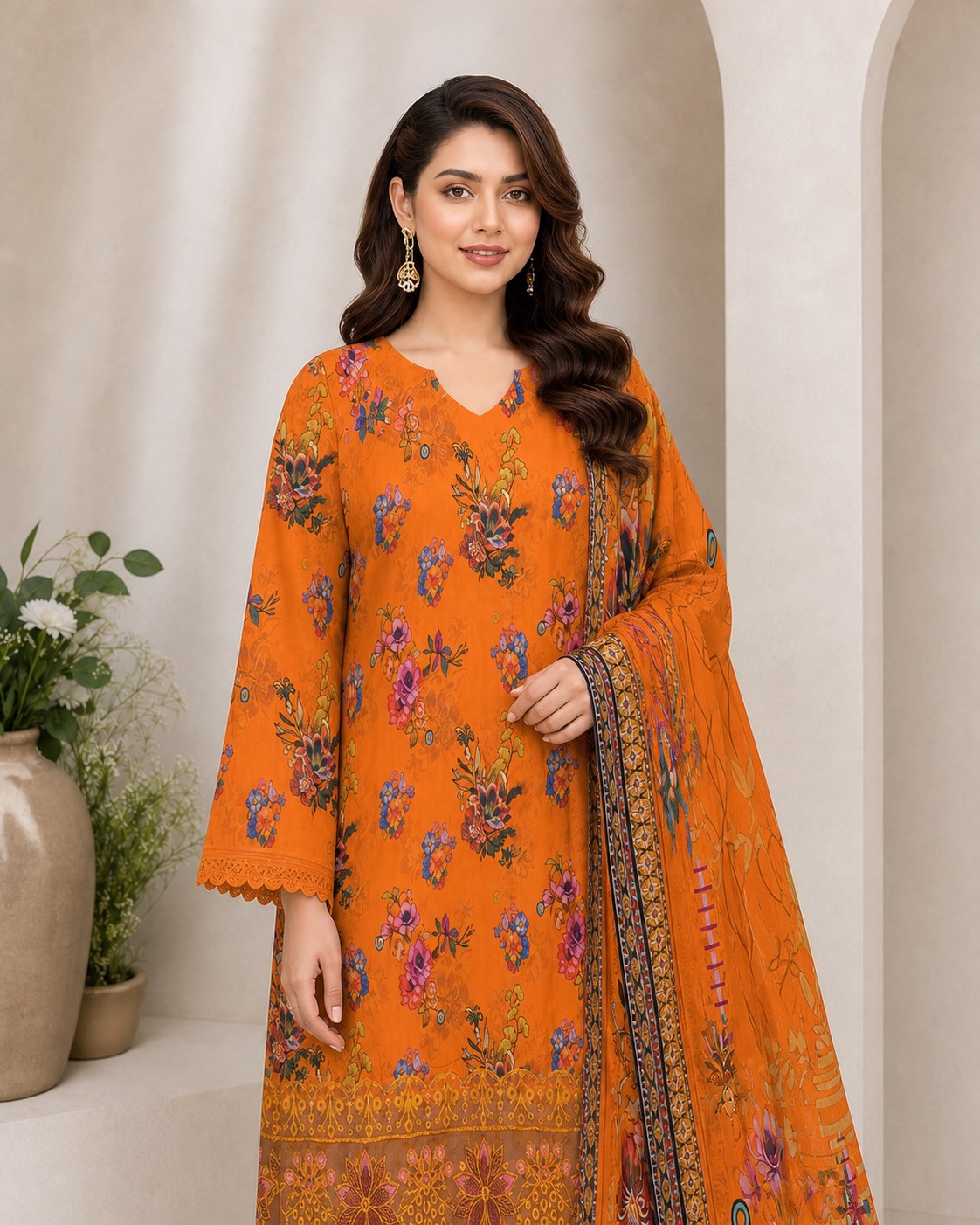 Tangerine Floral Digital Lawn 3-Piece Suit – Vol. 532
