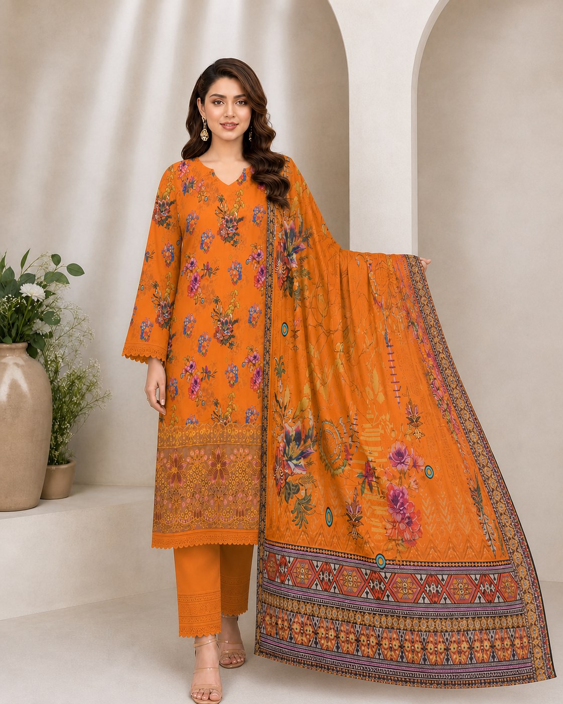 Tangerine Floral Digital Lawn 3-Piece Suit – Vol. 532