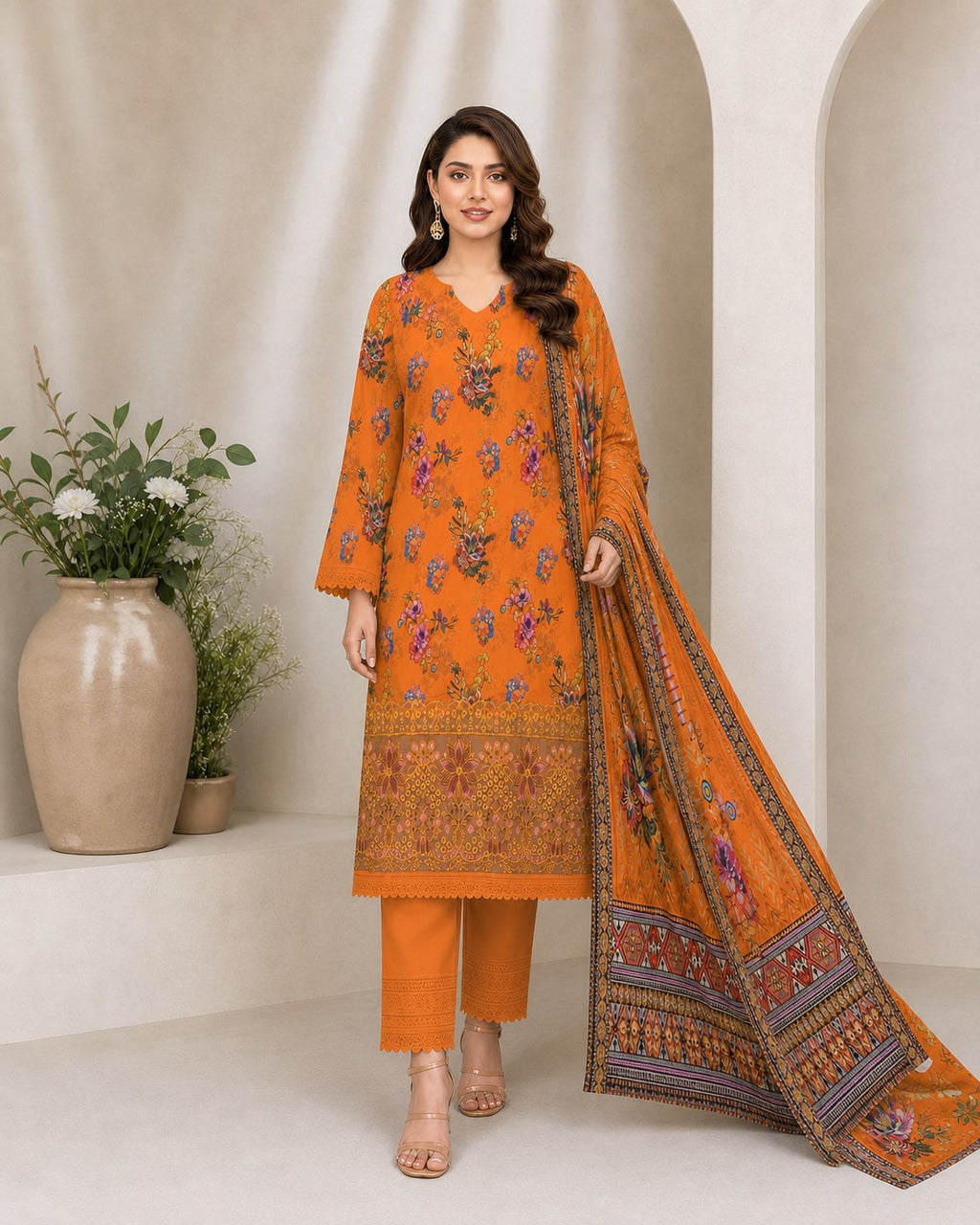 Tangerine Floral Digital Lawn 3-Piece Suit – Vol. 532