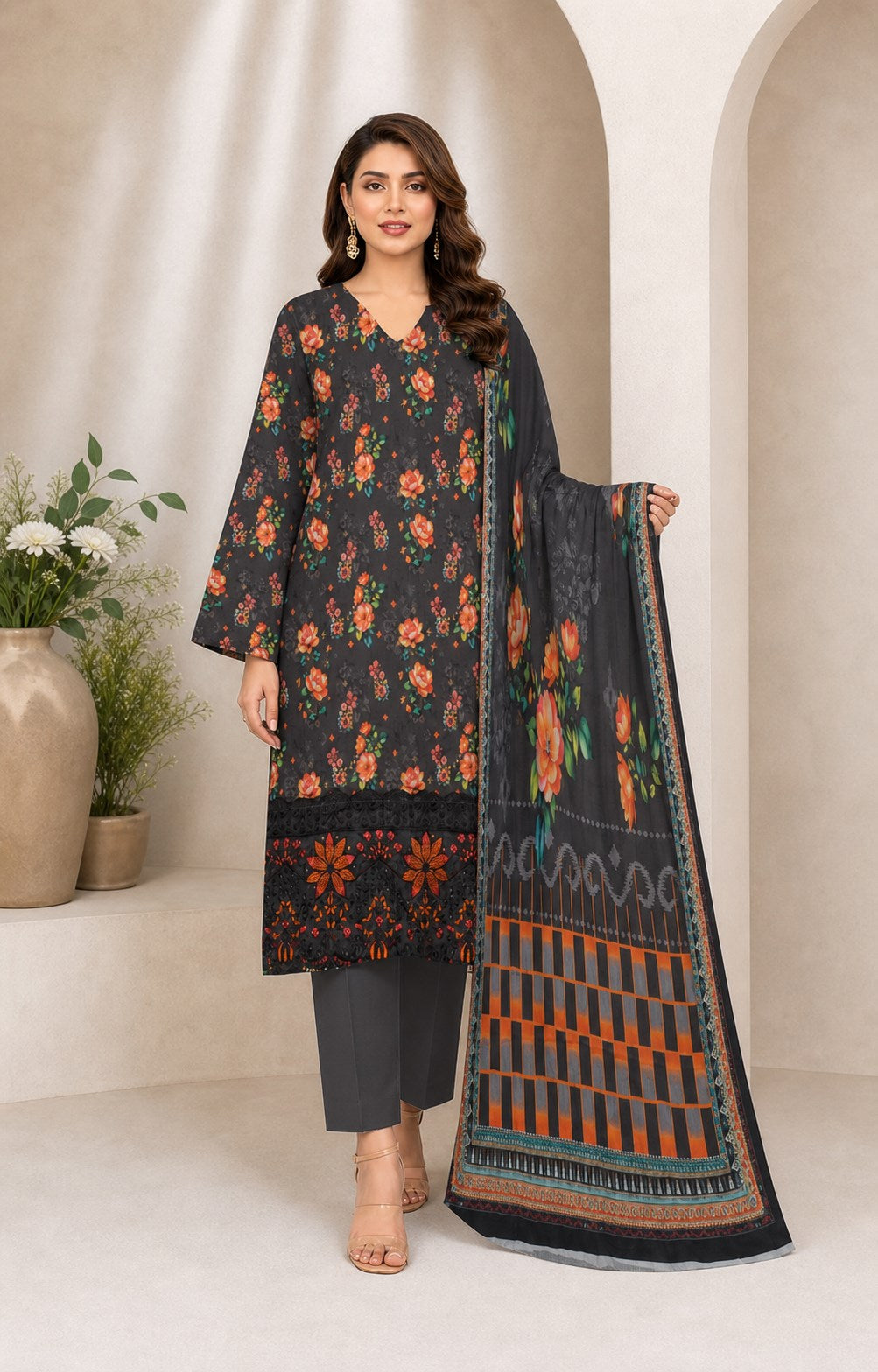 Charcoal Grey Floral Digital Lawn 3-Piece Suit – Vol. 532